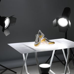 Professional photography equipment prepared for shooting stylish shoes in studio